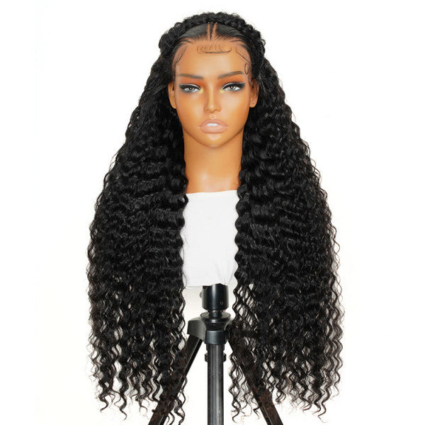 Halo Braid Glueless Deep Wave 13*6 Lace Front Wigs Pre-Cut With Natural Hairline HD Lace  180% Density