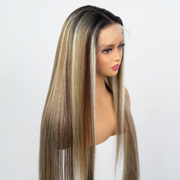 Balayage Highlight Silky Straight Pre-plucked Human Hair Lace Wigs 13*4 180% Density