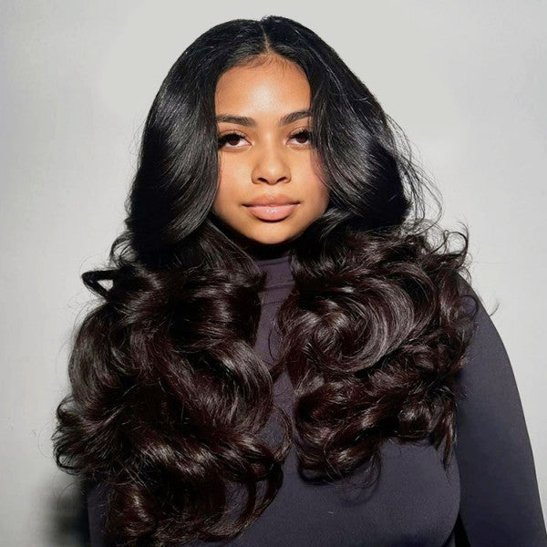 Layered Cut Voluminous Ocean Wave Curtain Bangs Wig 100% Glueless 5*7 Transparent Lace Pre Cut