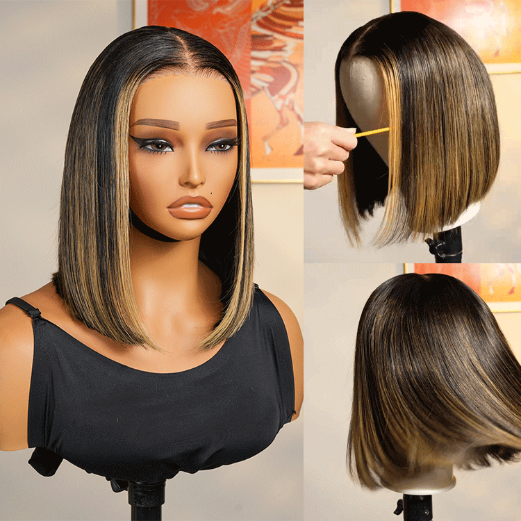 Foil Highlight Blunt Cut Bob Wig Custom Colored Wigs With Dark Roots HD Lace 13*4