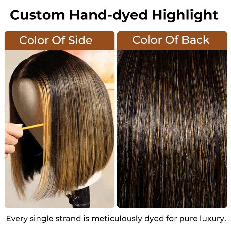 Foil Highlight Blunt Cut Bob Wig Custom Colored Wigs With Dark Roots HD Lace 13*4