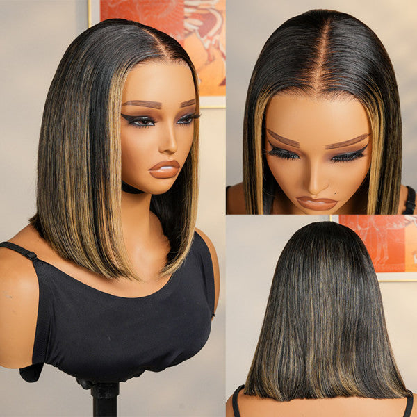 Foil Highlight Blunt Cut Bob Wig Custom Colored Wigs With Dark Roots HD Lace 13*4