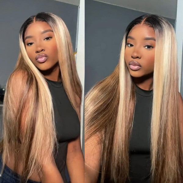 Balayage Highlight Silky Straight Pre-plucked Human Hair Lace Wigs 13*4 180% Density