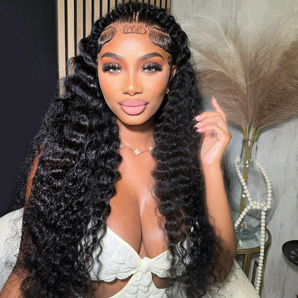 Halo Braid Glueless Deep Wave 13*6 Lace Front Wigs Pre-Cut With Natural Hairline HD Lace  180% Density